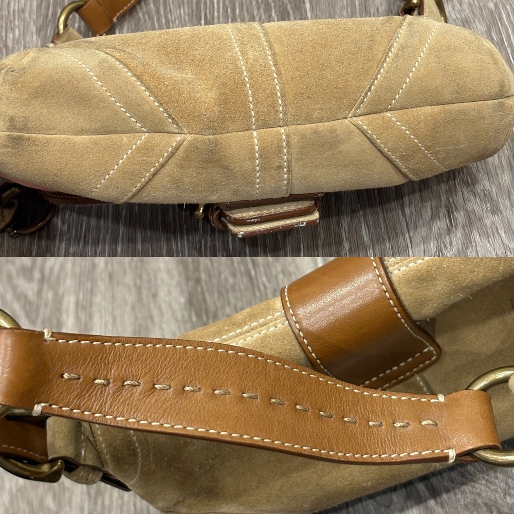 VTG 00s Coach Soho Tan Suede Leather Flap Shoulder Bag Buckle 9692 Sufflette Y2K - Picture 9 of 13